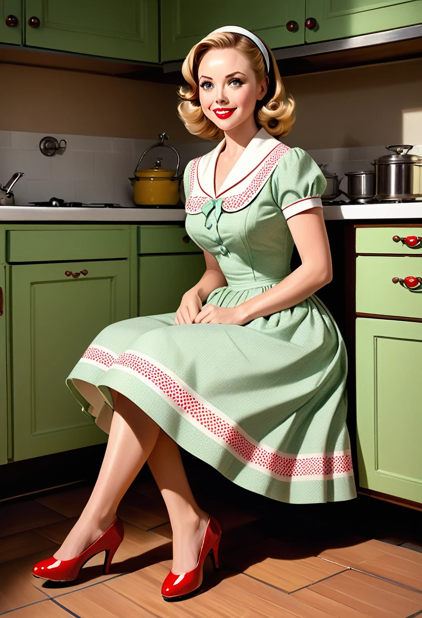 A colored pencil sketch of a 50s house wife. full length. featuring warm lighting and shadows. should be of the highest quality, a masterpiece with intricate details. Hands on hips. cute 50s house wife dress. Red high heels. She should have luscious lips, a wide smile, and bright, expressive eyes, exuding beauty, cuteness, and adorableness., elgance as well as wholesome, natural beauty. curvy, thin-waist, wide-hips, swaying-hips. . Oppulent historically accurate 50s dress.  mash up of Laura Vandervoort Alison Brie, Scarlett Johanson She is sitting on the kitchen floor.