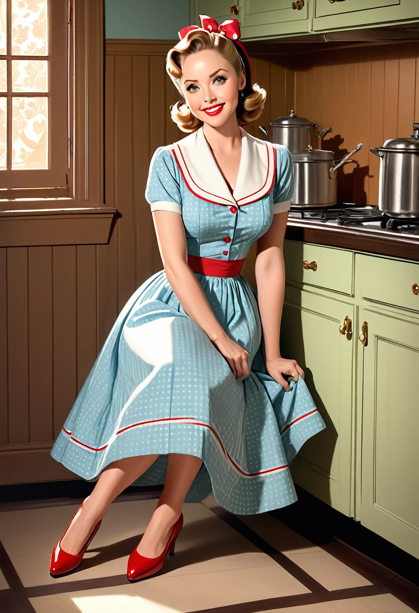 A colored pencil sketch of a 50s house wife. full length. featuring warm lighting and shadows. should be of the highest quality, a masterpiece with intricate details. Hands on hips. cute 50s house wife dress. Red high heels. She should have luscious lips, a wide smile, and bright, expressive eyes, exuding beauty, cuteness, and adorableness., elgance as well as wholesome, natural beauty. curvy, thin-waist, wide-hips, swaying-hips. . Oppulent historically accurate 50s dress. mash up of Laura Vandervoort Alison Brie, Scarlett Johanson She is sitting on the kitchen floor.