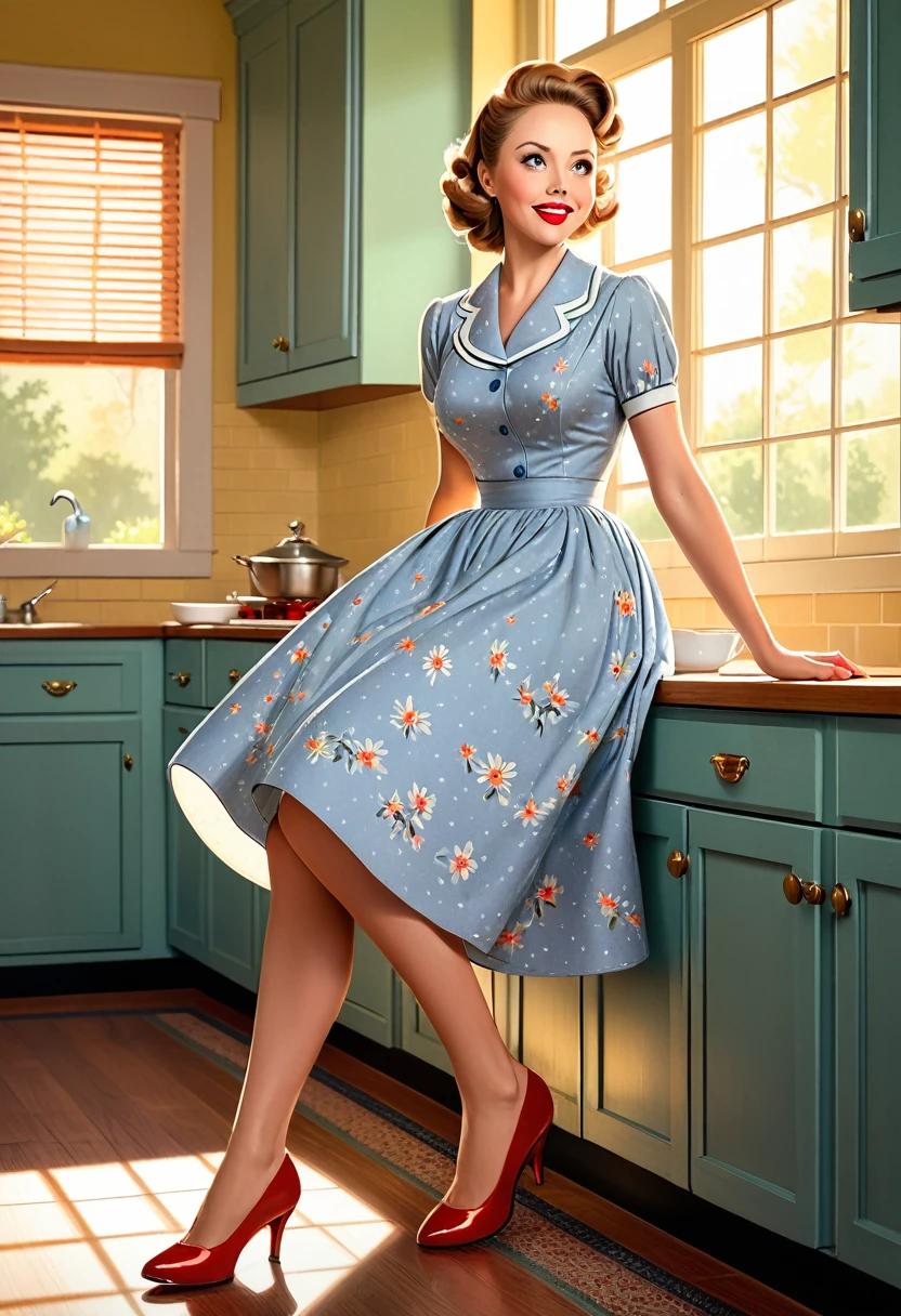 A colored pencil sketch of a 50s house wife. full length. featuring warm lighting and shadows. should be of the highest quality, a masterpiece with intricate details. Hands on hips. cute 50s house wife dress. Red high heels. She should have luscious lips, a wide smile, and bright, expressive eyes, exuding beauty, cuteness, and adorableness., elgance as well as wholesome, natural beauty. curvy, thin-waist, wide-hips, swaying-hips. . Oppulent historically accurate 50s dress. mash up of Laura Vandervoort Alison Brie, Scarlett Johanson She is sitting on the kitchen floor.