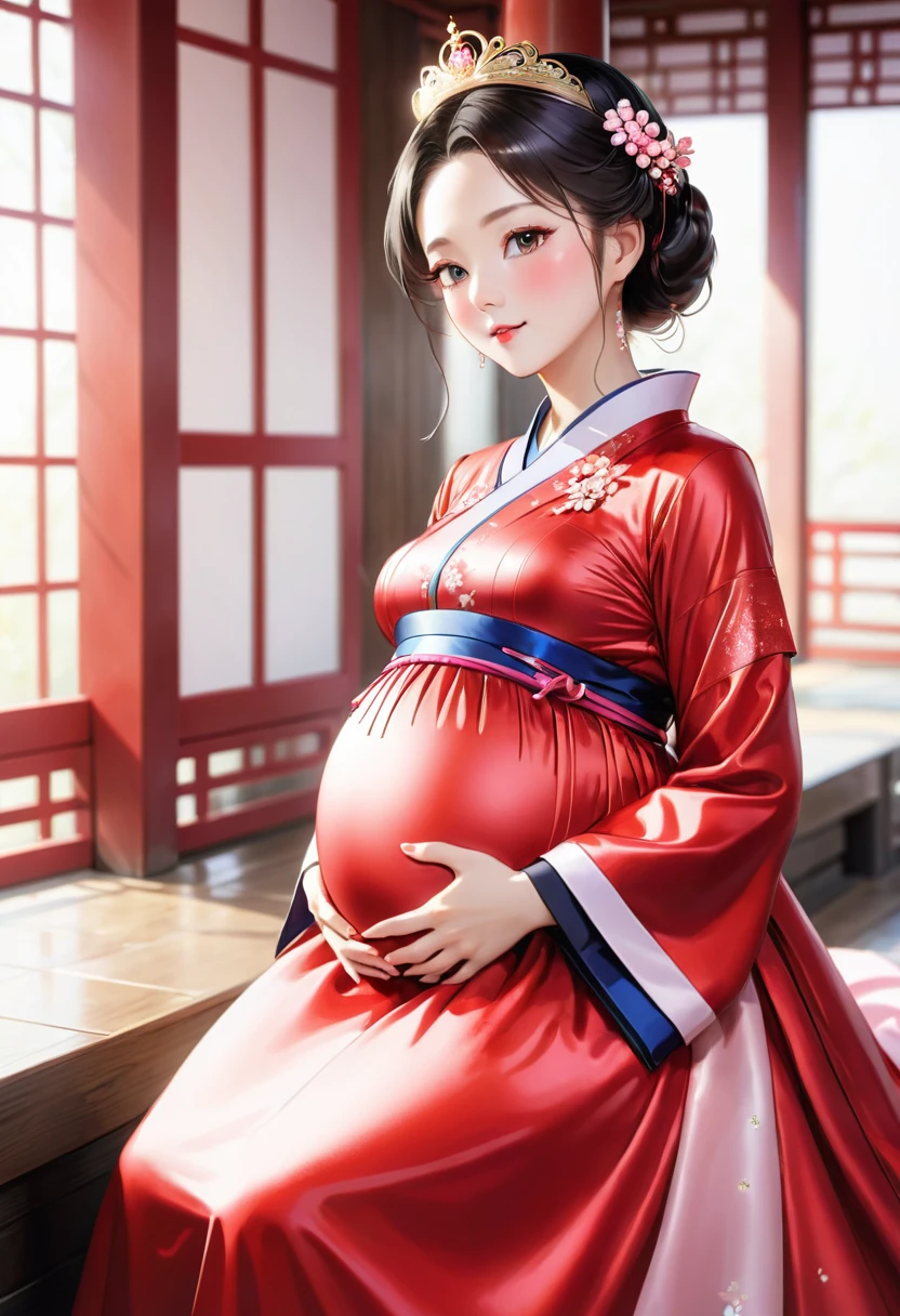 China　Princess　（儀modeで妊娠させられる）　Pregnant women　blush　　Functional　Shiny red long sleeve royal dress　hanbok　　milking　Mother　Breast milk　child　mode　She has exposed nipples