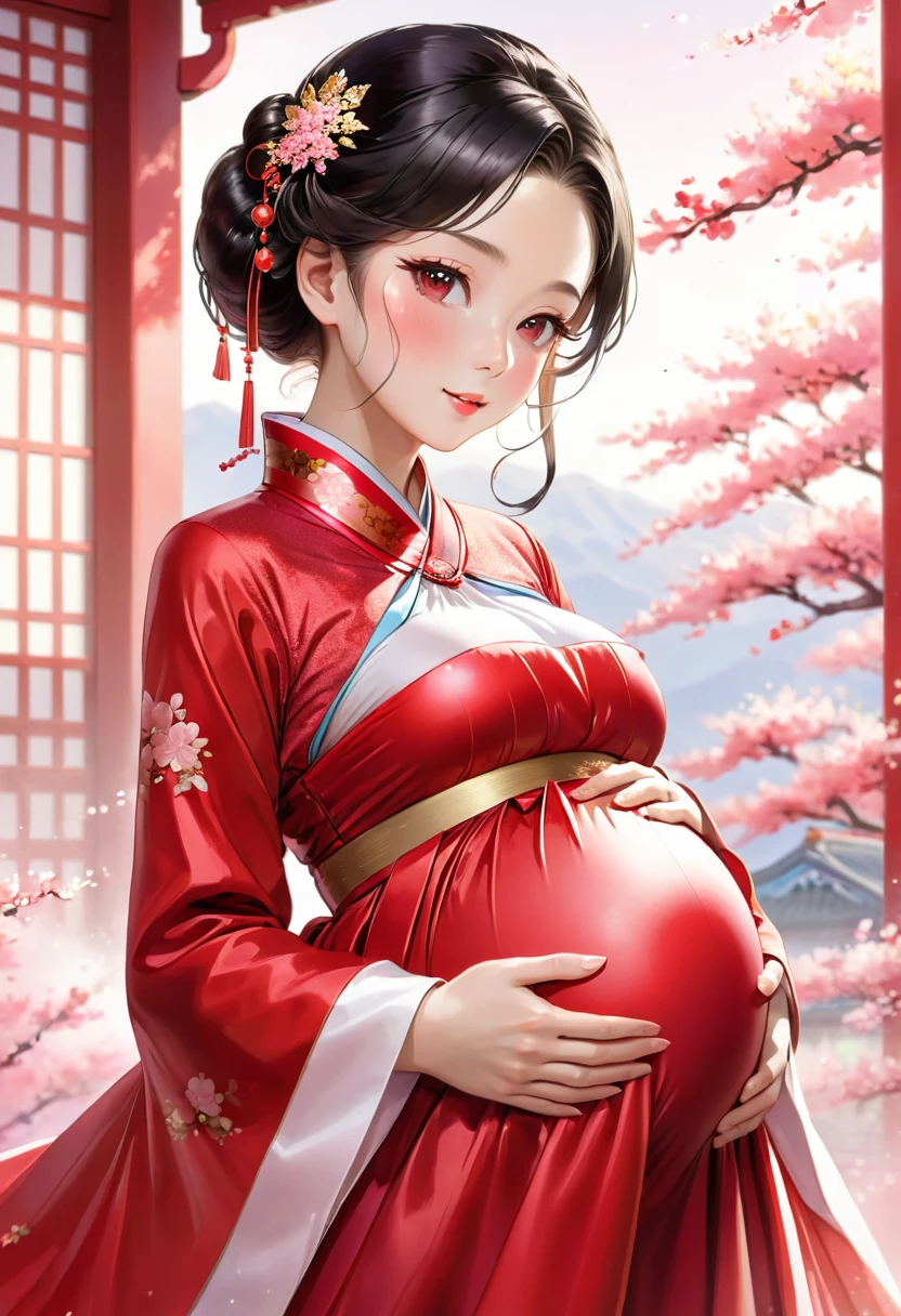 China　Princess　（儀modeで妊娠させられる）　Pregnant women　blush　　Functional　Shiny red long sleeve royal dress　hanbok　　milking　Mother　Breast milk　child　mode　She has exposed nipples