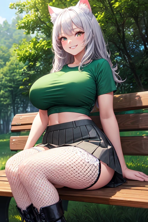 ((Superior Quality)), ((masterpiece)), (detailed), Perfect Face, Perfect Eyes, Perfect proportions, Gray Hair, White cat ears, White cat tail, Huge breasts, Thick thighs, Red eyes, Grin, Forest green short sleeve crop top, Light green skirt, Fishnet tights, Black platform boots, Sit on a bench, View from below