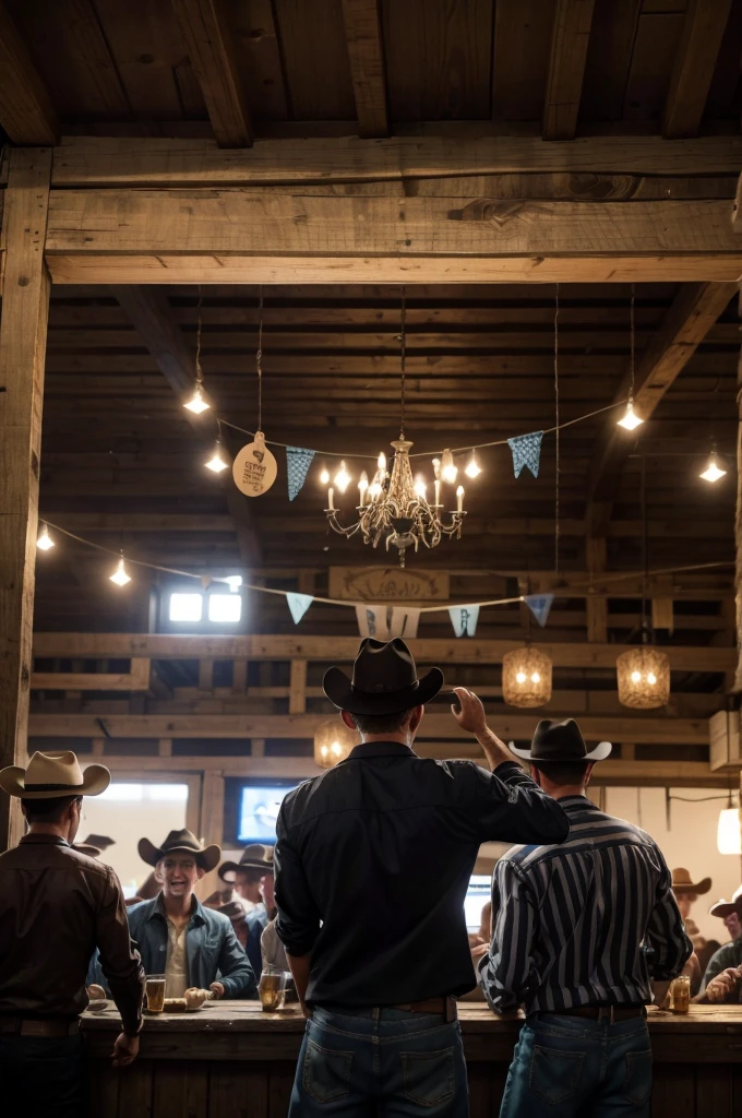 several cowboys back to back throwing their hats in the air celebrating in a cowntry party atmosphere