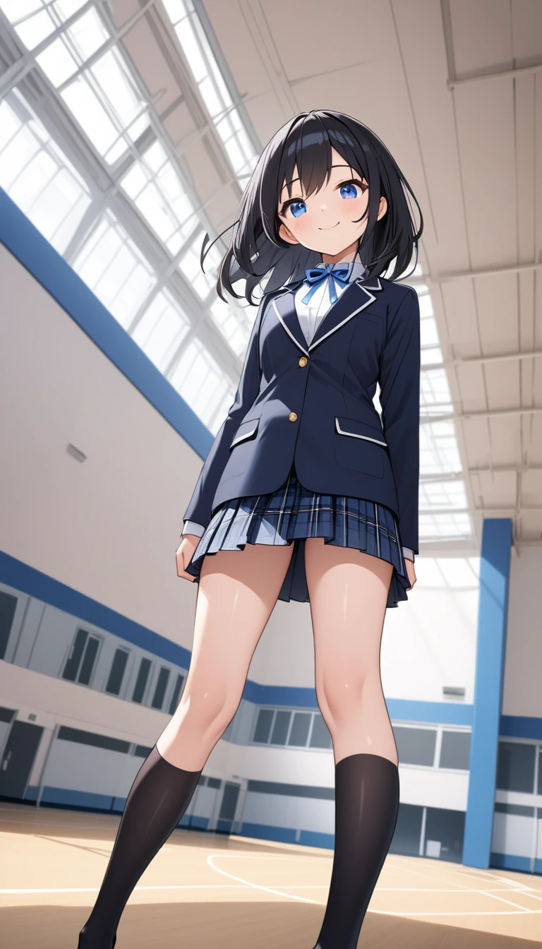 photo of sexy 1girl, tall,leggy,smile,standing in neat rows, in the school gymnasium, wearing NAVY Blazer , long sleeve, WHITE shirt, shiny blue ribbon,pleated tartan_check_mini_skirt, beautiful eyes, shiny black hair,BLACK short socks, full body shot, closeup shot, from front, from below, dutch angle shot, wide view,If the completion score for this project is 60 points, please give us a 100 point completion score work.