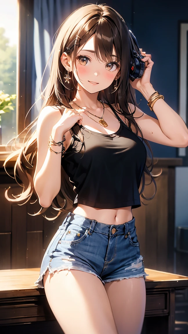 (masterpiece, Highest quality, Super detailed, High resolution, 4K),(Beautiful attention to detail),(Highly detailed face),(One girl),High resolution,Long Hair, Shorts, Telephone, Brown eyes, Brown Hair, cellTelephone, bracelet, Tank top, jewelry, clock, lips, Focus Only, Manicure, Blurred background, smile, wristclock, Realistic, Blurred, View your viewers