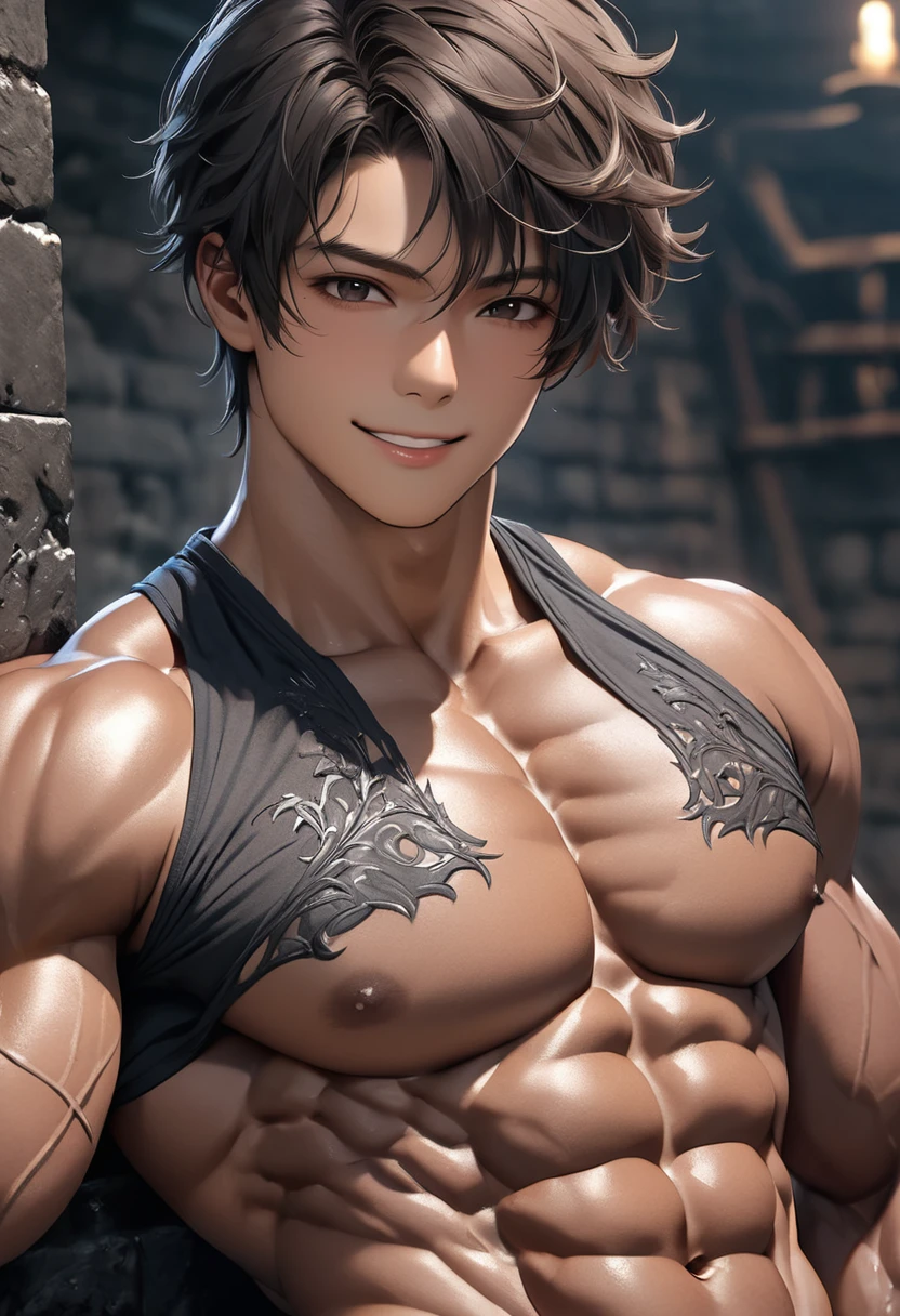 high quality, detailed, Realistic, (24 years old japanese idol body builder boy), (detailed black eyes), (black short hair), (abs:1.5), (dark brown skin:1.5), dungeon, (black tiny thong), (bulge), (detailed nipples), detailed areola,best quality,4k,8k,highres,masterpiece:1.2),ultra-detailed,smirk,face close up
