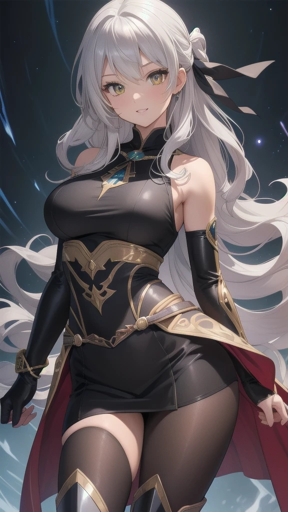 masterpiece, best quality, 1 solo girl, silver hair, yellow eyes, long hair, medium breasts, sexy body and face, wavy hair, smile, parted lips, gradient clothes, dress, elbow gloves, sleeveless, bare shoulders, cape,boots, bracelet, sleeveless dress, ribbon, black gloves, turtleneck, short dress, pantyhose, black footwear, night, sexy pose, cowboy shots, detailed body, face, and eyes, sharp focus, vibrant, creative, dynamic, high definition, high resolution, 8k, (Upscale: R-ESRGAN 4x+ Anime6mage enchance:4x), voluptuous body, cinema lightning, dakimakura style, looking at the viewer,