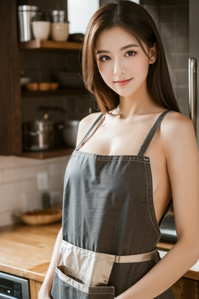(Highest quality, 8K, masterpiece: 1.3), Beautiful woman with perfect figure: 1.2, Dark brown hair, Wearing a pendant, Wearing an apron, In the kitchen, Highly detailed face and skin, Fine grain, double eyelid, Big Breasts