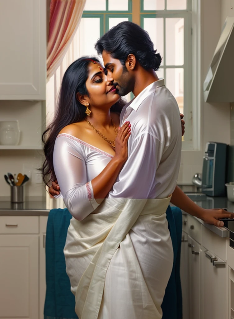 A radiant, full-figured South Indian plus-sized 30 year old teacher wearing a cream silky saree tenderly hugging and kissing a group of jubilant 20-year-old men in kitchen, captured in a full-body image with vibrant hues and meticulous details.