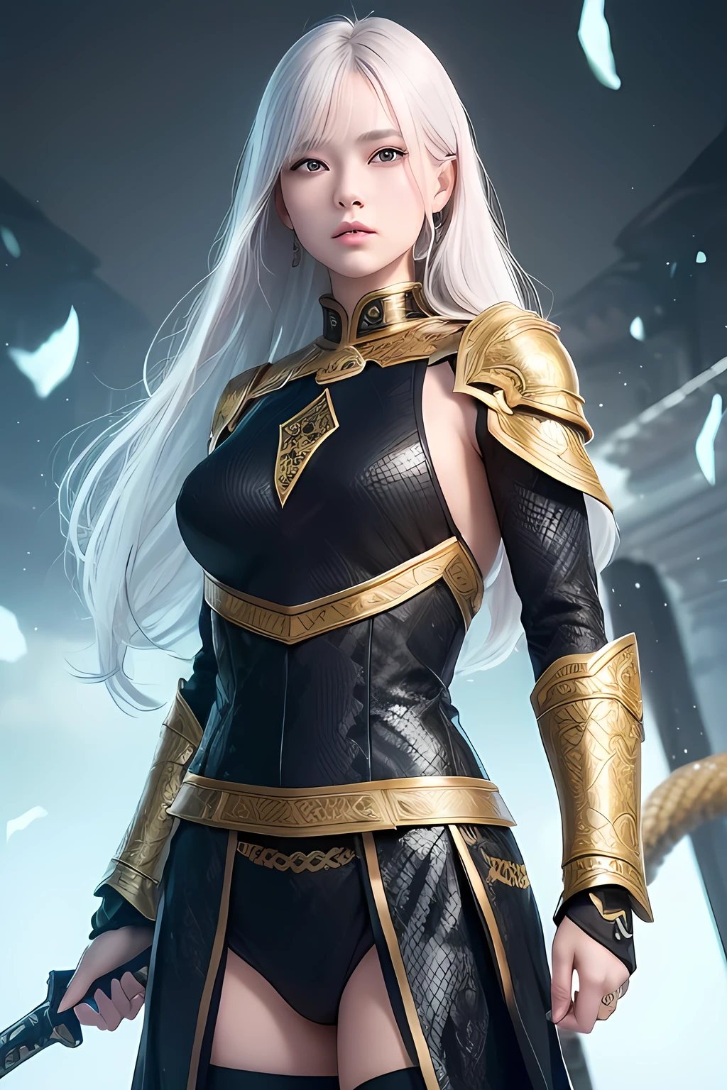 A young woman with delicate features, your features are Asian. Your eyes are blue mixed with green. So clear they could be transparent. Your pink lips, has a small scar below his right eye. long  hair, curly to the waist. Wear female armor like Ottoman armor, decorated with details of snake scales, The color of his armor is completely black with gold details. 