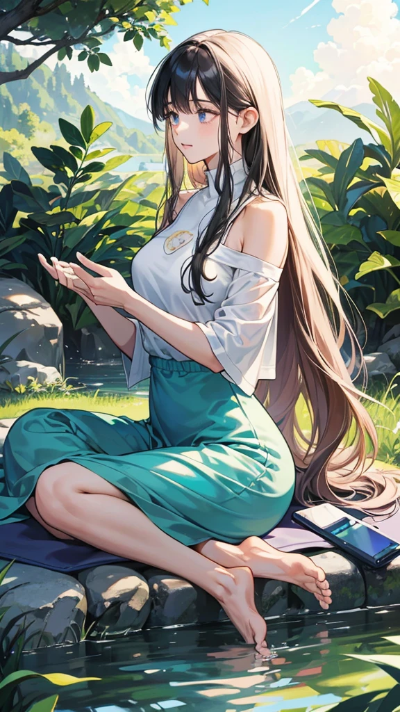 **background**:Digital Detox Retreat、A natural environment where you can avoid using your smartphone
**woman**:Long Hair、リラックスしたアウトドアスタイルを着たwomanが、meditating on a yoga mat