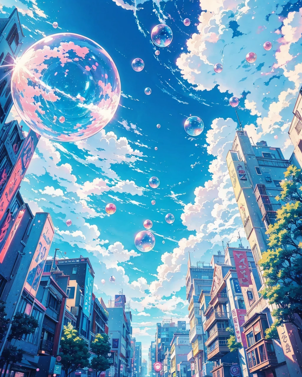 anime anime girl looking up at bubbles floating in the sky, bubbly scenery, anime background, anime background art, colorful anime movie background, anime wallpaper 4 k, anime wallpaper 4k, anime art wallpaper 4 k, anime art wallpaper 4k, beautiful anime scene, anime art wallpaper 8 k, 4 k manga wallpaper, 4k anime wallpaper, beautiful anime scenery