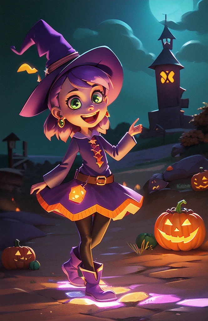 Concept Art, character illustration of a, European and American cartoons, 1 Girl, have, have条纹的, Solitary, witch have, earrings, Green Eyes, Smile, Halloween, boots, Purple Hair, Jewelry, pumpkin lantern, pointy footwear, Pantyhose, have条纹的 Pantyhose, whole body, candy, open mouth, Luminescence, teeth, permanent, belt, night, witch, food, skirt,