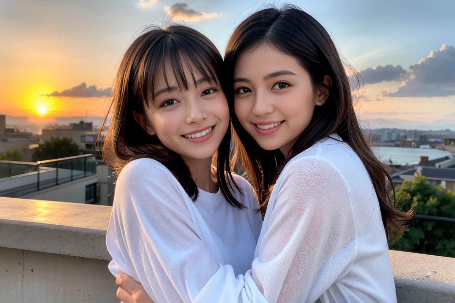 ((Highest quality、、masterpiece:1.3))、1 male、1 female,37 years old 39 years old、Slim Beauty、Beautiful couple、Upper Body、smile、 (Slim face), (the body is スリム), (Brown Hair), (Shortcuts), テーブルのフルコースディナーとwine glass、Amazing view of the sunset sky and clouds、smileの美しさ、Wine bottle、sparkling wine、Long sleeve shirt、dress、White wine, red wine, wine glass, Beautiful fine grain, Depth f/2,saturation, High Contrast, Strong light and shadow,Moist Body:1.5、3D texture、The hair is very shiny、