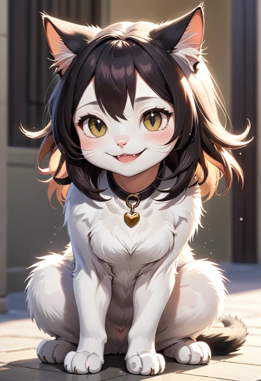 A cat with female features and a small breast kneeling showing its claws and smiling
