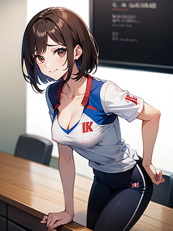 (Highest quality, 8K, 32k, masterpiece, Ultra-high resolution: 1.2), 1 Girl, Beautiful Japanese Woman,Close-up of chest, errect nipples,thinウエスト, 魅力的なoffice Lady, Volleyball Uniforms,office, office, Put your hands on the desk,Leaning forward, Beautiful Face, Brown Hair, Bob Hair, Saggy eyes, Slender figure,Cleavage, thin, whole body, Detailed expression down to the fingertips,Sexy thighs, One Woman, alone, A charming smile,