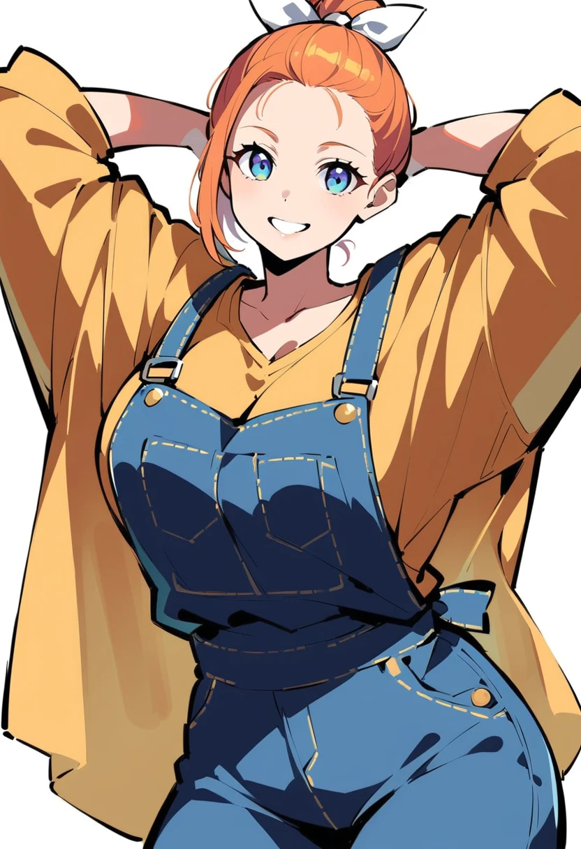 pewarnaan character, visual illustration, @ANN, 1girl, solo, overalls, white background, blue overalls, smile, blue eyes, simple background, looking at viewer, breasts, arms up, long sleeves, yellow shirt, orange hair, cowboy shot, collarbone, collared shirt, cleavage, denim, hair pulled back, grin, blonde hair, long hair, medium breasts, forehead, standing, arms behind head, ponytail, braided ponytail, single braid, teeth, oversized clothes, medium hair, short hair, partially unbuttoned, pants, see-through silhouette, oversized shirt, see-through, buttons, head tilt, parted lips, large breasts, hair ribbon, white bow, tomboy, plaid shirt, ann \(harvest moon\), ran \(bokujou monogatari\)