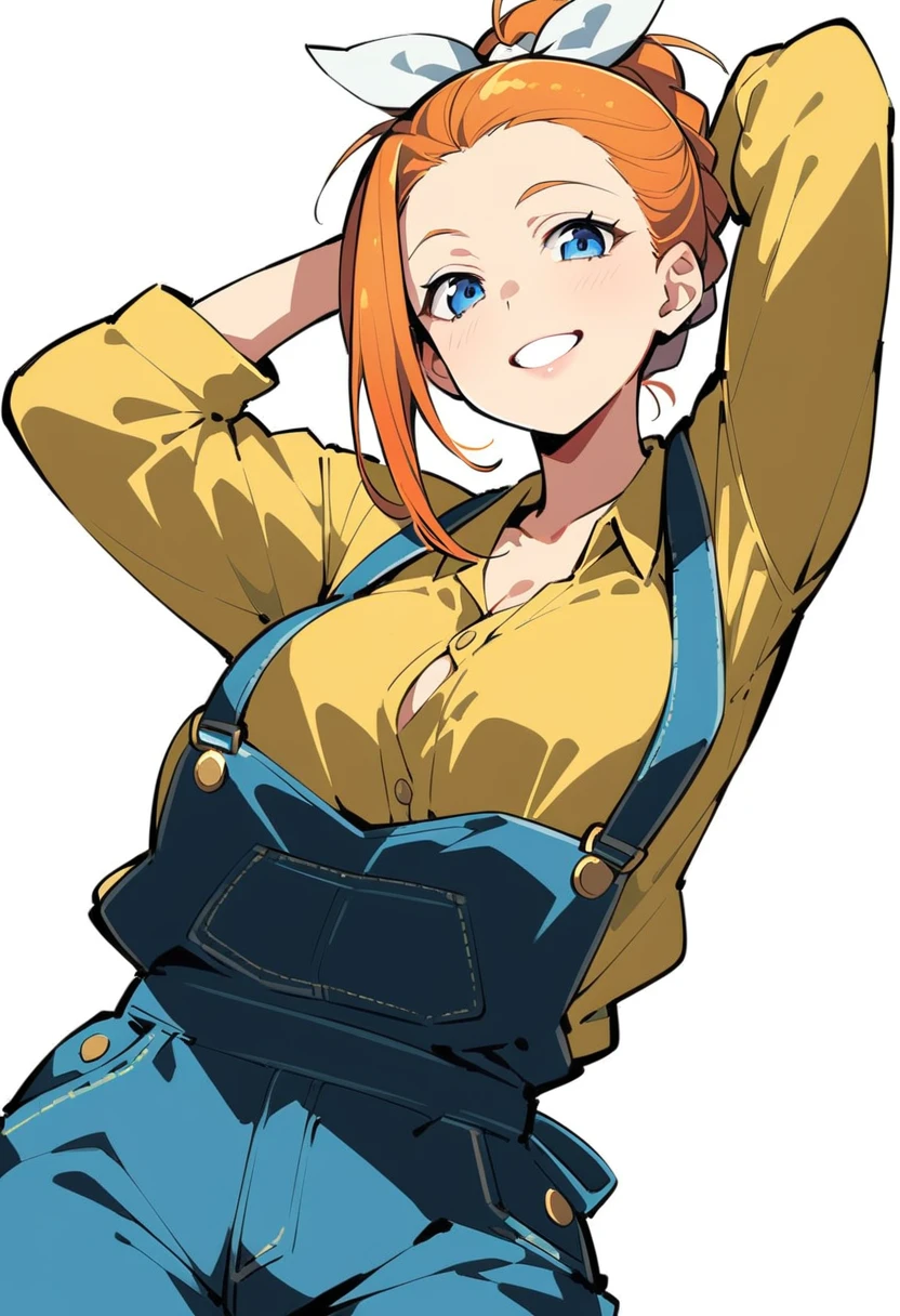 pewarnaan character, visual illustration, @ANN, 1girl, solo, overalls, white background, blue overalls, smile, blue eyes, simple background, looking at viewer, breasts, arms up, long sleeves, yellow shirt, orange hair, cowboy shot, collarbone, collared shirt, cleavage, denim, hair pulled back, grin, blonde hair, long hair, medium breasts, forehead, standing, arms behind head, ponytail, braided ponytail, single braid, teeth, oversized clothes, medium hair, short hair, partially unbuttoned, pants, see-through silhouette, oversized shirt, see-through, buttons, head tilt, parted lips, large breasts, hair ribbon, white bow, tomboy, plaid shirt, ann \(harvest moon\), ran \(bokujou monogatari\)