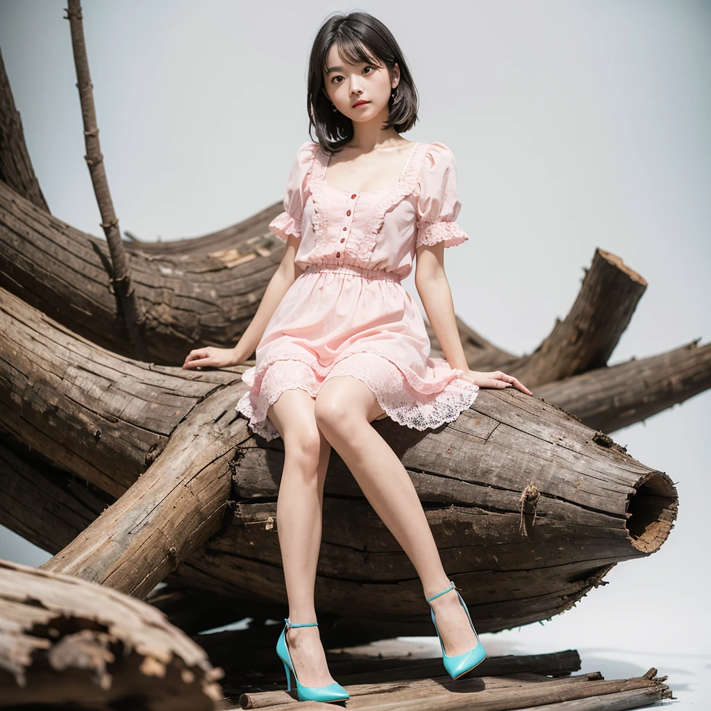 a girl sitting on a log, she is wearing a pink dress with short sleeves and a knee-length skirt, combined with turquoise high heels, white background, seems to be in a photo studio