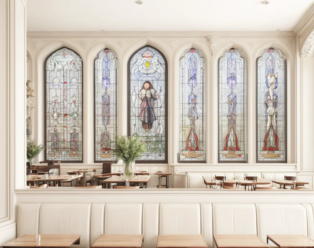 restaurant with stained glass windows and classic Parisian finishes