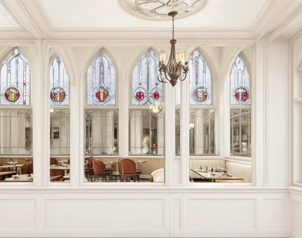 restaurant with stained glass windows and classic Parisian finishes