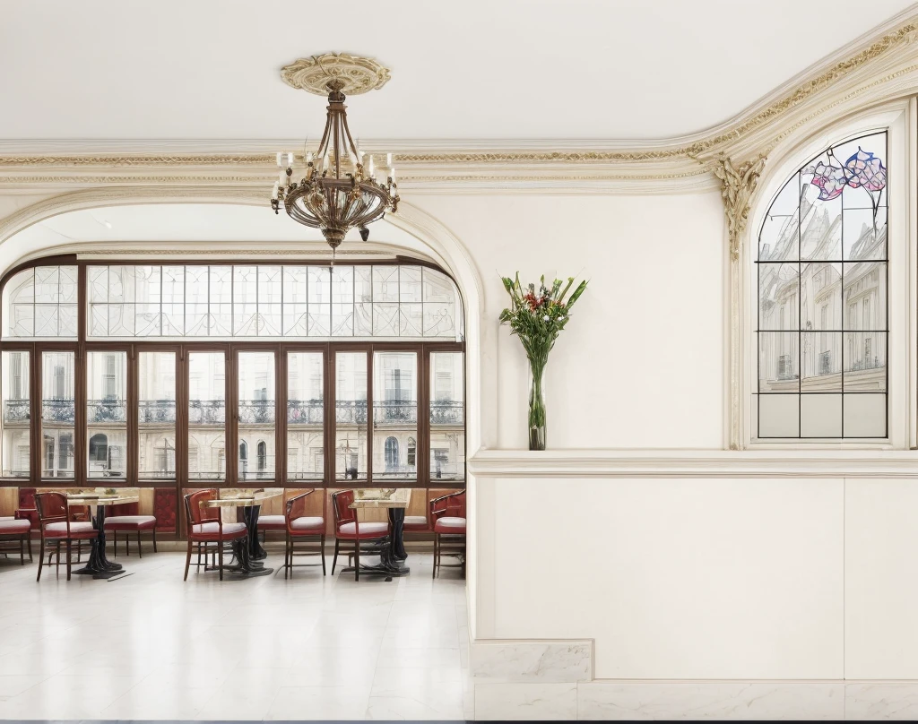 restaurant with stained glass windows and classic Parisian finishes
