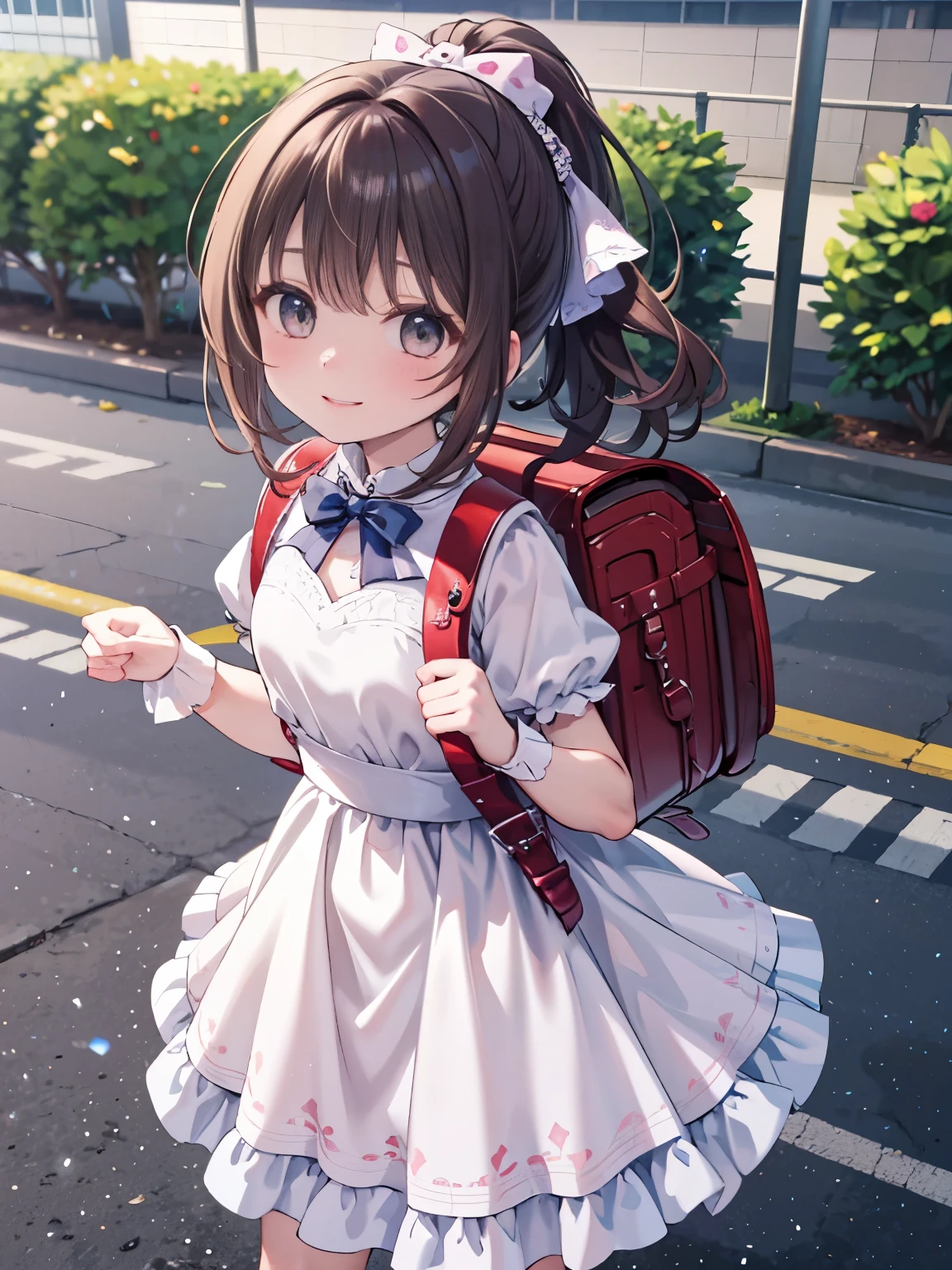 Masterpiece, hd, realistic 18 year old female high school girl standing on outdoor , wearing party dress, sparkling dress, accesories, puffy sleeves, white and pink dress, shiny dress, idol dress:1.5,best smile，brown hair:1.5，medium hair, ponytail, hair ribbon ，Carrying a school backpack, (school backpack:1.2), hair ornaments 