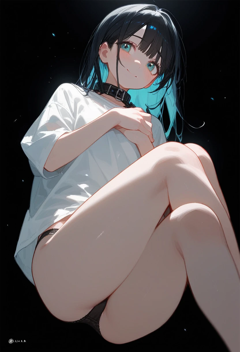 masterpiece,8K,Super detailed,best quality, (1 girl,alone), (long black hair,Straight Hair,Air bangs), (innocent aqua blue eyes, Mouth slightly open), (Medium large, fair skin), (Wearing a simple white shirt, and black panties, To show your thighs), (Has black leather collar), (Facing the audience, Stand upright, Hands hang down naturally), (The expression looks a little shy, but with a smile, Slightly red cheeks), (light black background, Center the character)