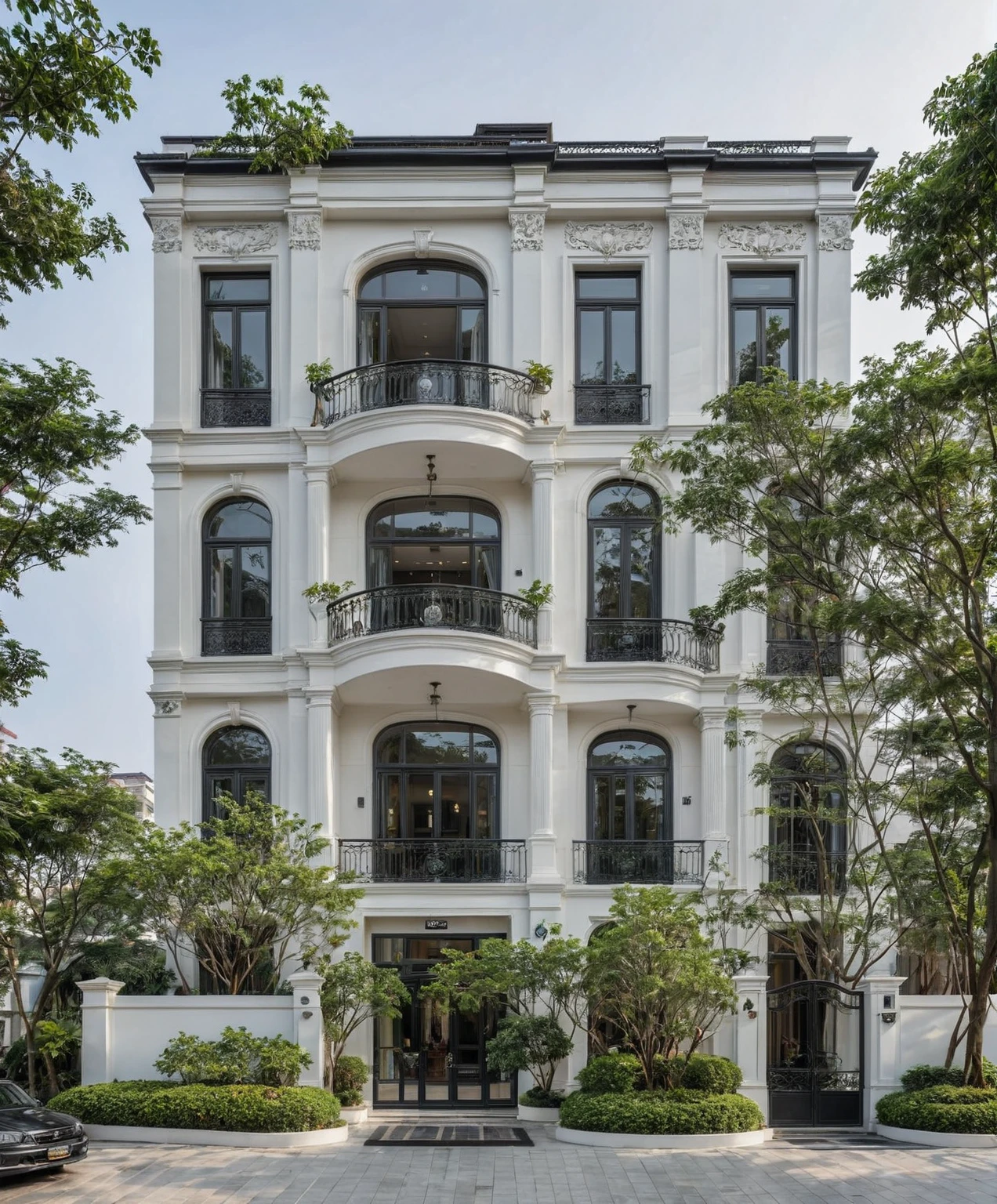 RAW photo,Exterior neo classic house, Inspired by French architecture, neo classic style, white, ((Highly detailed sculpted cornices at the tops of columns and walls)), French style roof, townhouse in residential area, The building is located in an urban area of Hanoi Vietnam, mix white and black steel facade, facing the road, (sidewalks), (sidewalk trees), (gate), (ultra realistic), (super high details:1.5), clean white sky, natural lighting, (curvilinear architecture:1.2), (sharpen:1.2), 8k uhd, dslr, soft lighting, high quality, film grain, Fujifilm XT3