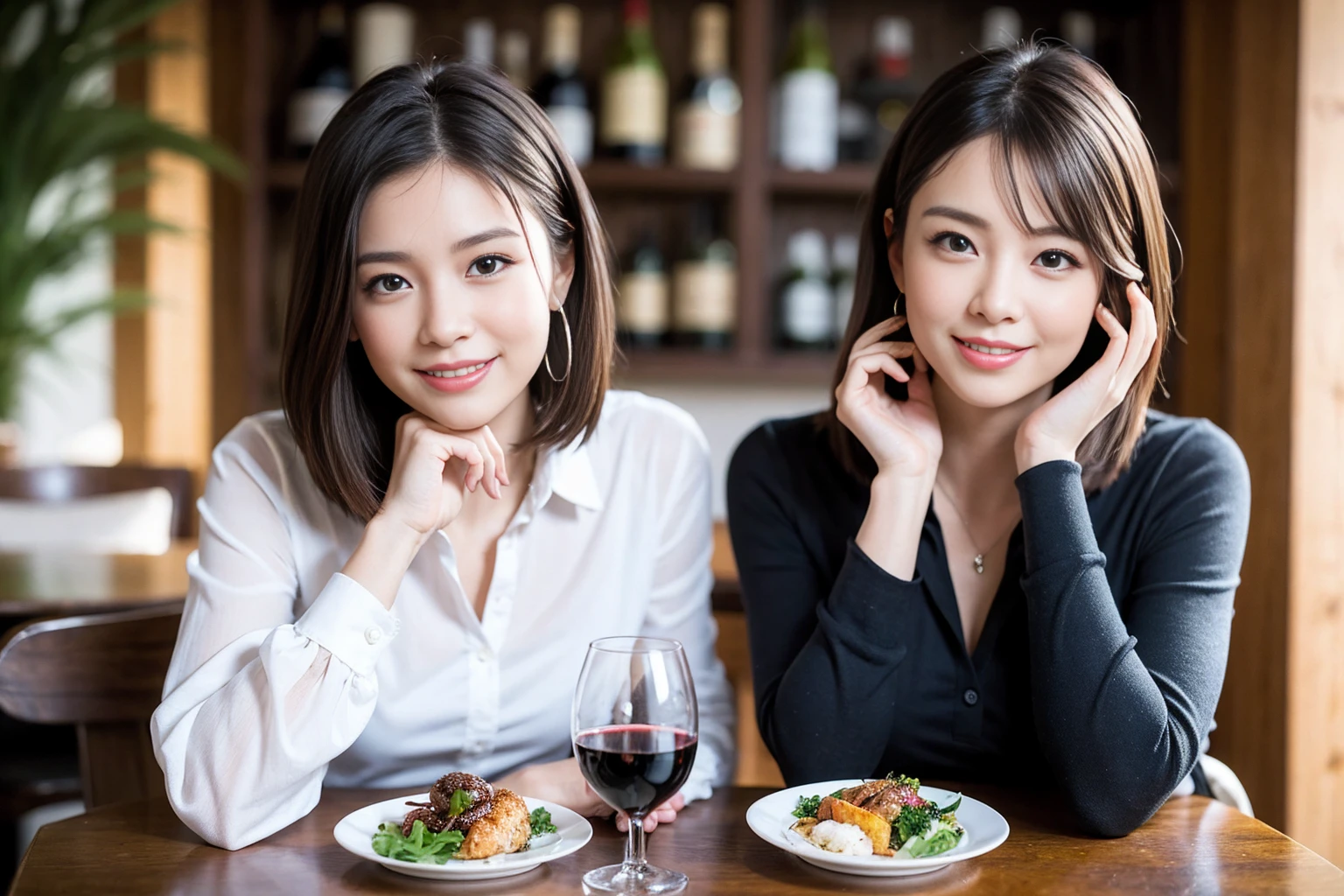 ((Highest quality、8K、masterpiece:1.limカップル、modelカップル、(Realistic, Intricate details:1.2), full-course dinner、Wine Partying view of the sunset sky and clouds、A bright smile、The wonderfulness of smile、Bright image、The beauty of wine, Beautiful Face, blue eyes, The light shines on your face, Blushing, short hair,Bright Face、 (Age 37), 3rs old, red wine 、Appetizers、Italian food、Wine bottle、Champagne、sparkling wine、Two beauties、Brown Hair、Shortcuts、Long sleeve shirt、dress、Beautiful woman 1, (slimな顔), (The body is slim), (Brown Hair), (Shortcuts), cheeks turn a little red,Attractive beauty、restaurant, In a prominent place (From the waist up) Nova Frog Style, actress, model, Upper Body, White wine, slim, wine glass, 中央に置かれたwine glass, smile, (smile: 1.15), Beautiful fine grain, Depth f/2,saturation, High Contrast, Strong light and shadow,Moist Body:1.5、3D texture、Delicate eyes、Brown Hair、The hair is very shiny、