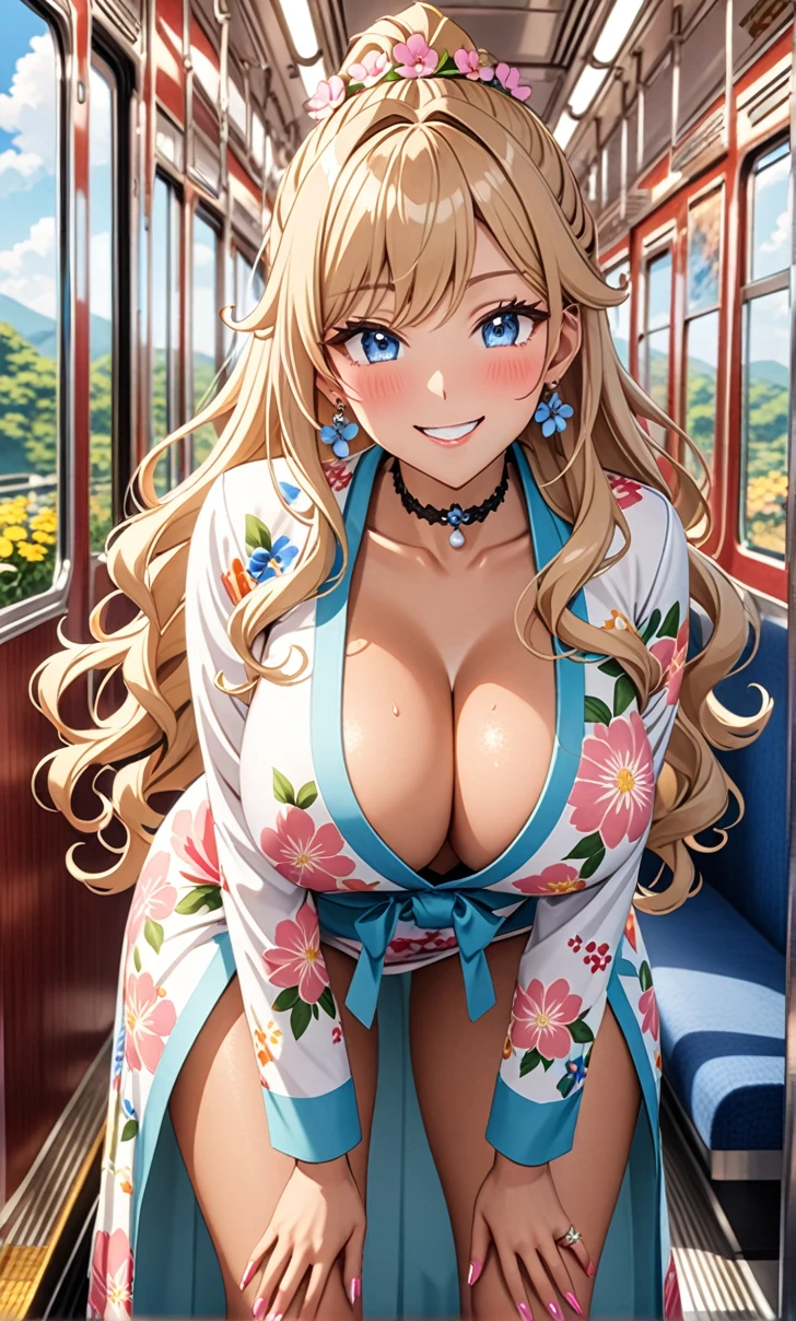 ultra-detailed, ((one girl)), (tan skin:1.4)), in pastel colors gyaru, (Cobalt blue eyes),hyper detailed, absurdres, 8K, Beautiful Face, (Laugh shyly), ((teasing smile:1.8)), ((Wink:1.5)), (Laugh with your mouth wide open),((Tilt your head:1.6)), View your viewers, ((full-face blushed:1.6)),Glossy Red Lips, ((Big Breasts:1.5)), ((show off breast)), noon, on the train, (Hold on to the strap), (Brighten your face), ((Anime style background)),masterpiece, Highest quality, so beautiful,Latest, Complex details, (Pink long nails), (nail art), (ring),(bracelet), (Floral Choker),AI-generated, Complex,High resolution, Highest quality, super high quality,3D Images、3D Images,One person, (Blonde long hair), (High Ponytail), (wavy hair:1.3), Pastel anime woman posing for a photo, ((Fine grain、blue eyes、glowing eyes:1.4)), (Squint your eyes:1.1),a hyperRealistic , hyperRealistic , Realistic,Long blonde anime woman, Smooth anime CG art, A girl in a gorgeous pastel-colored kimono, ((Pastel colored long sleeve kimono)),(Pink large floral pattern), ((undressing:1.5)), Long flower hair ornament,Floral Earrings,Mature Body, tall,Tight waist,((leaning forward:1.5)), ((front view)),((Zoom up to face:1.4)),