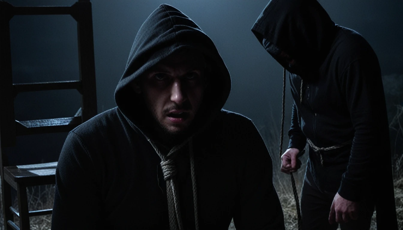 Man tied to a chair looking terrified, with another hooded man behind him whispering in his ear, Dark and frightening scenery, tenebrosa, natta, low light.