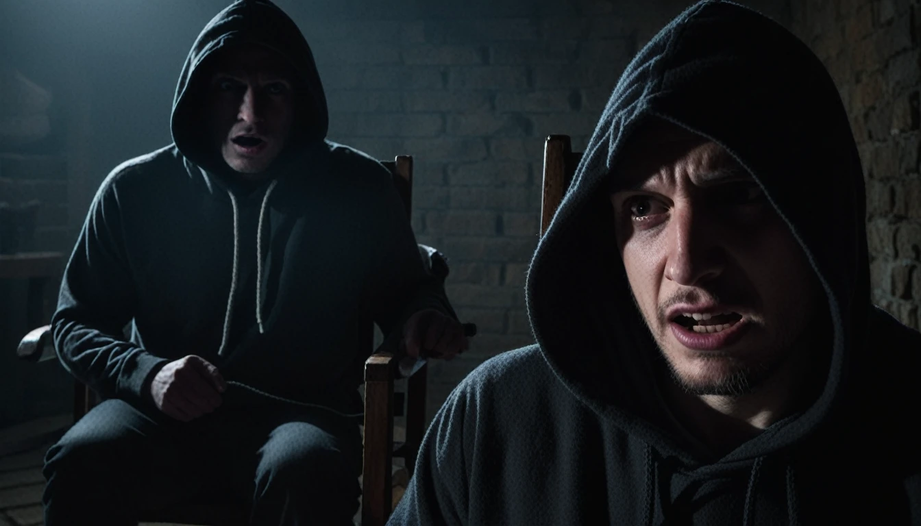 Man tied to a chair looking terrified, with another hooded man behind him whispering in his ear, Dark and frightening scenery, tenebrosa, natta, low light.