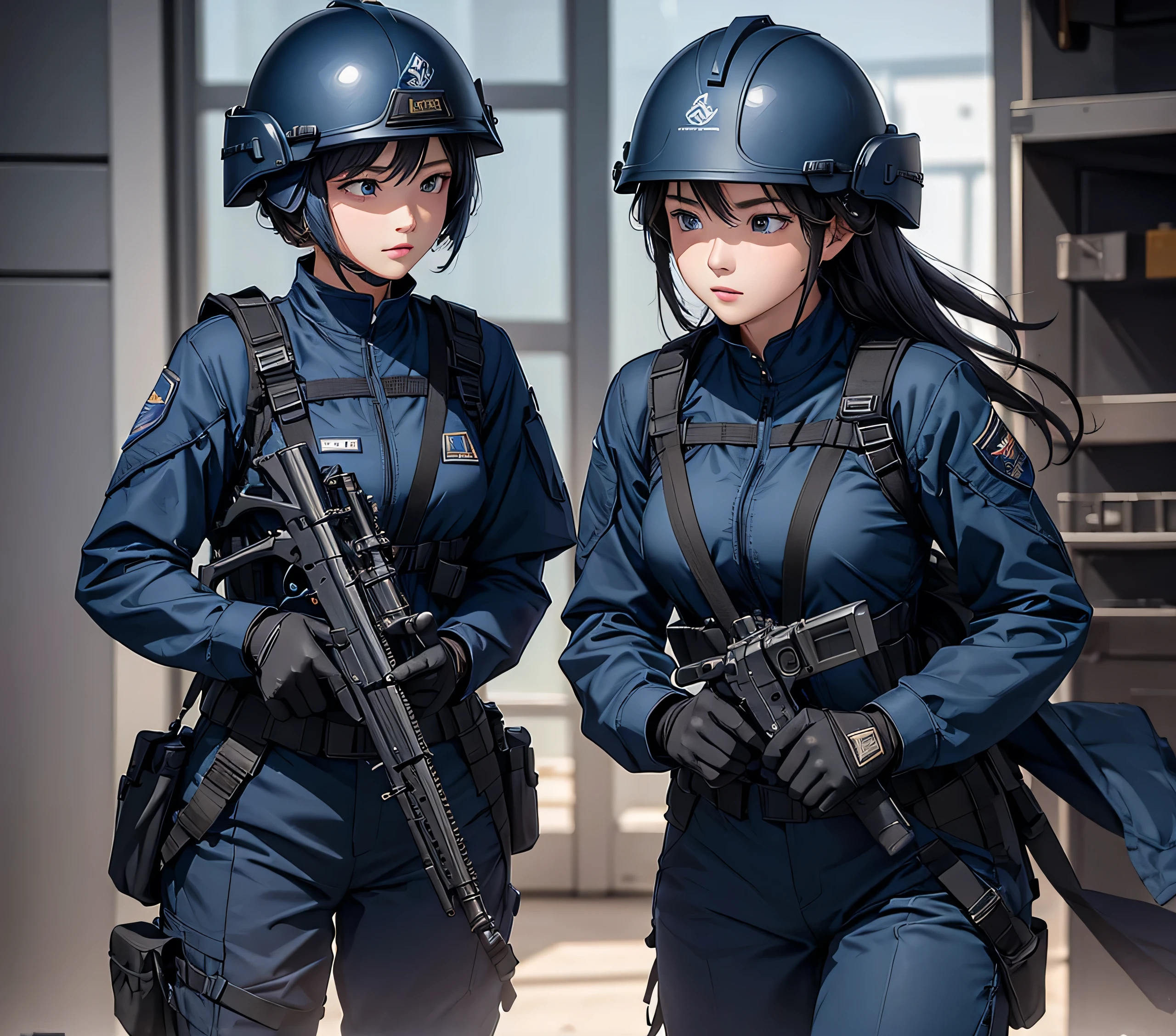 A group of female soldiers wearing dark blue uniforms,Full helmet、Military Pants、Individual equipment set、Alert with guns,Write details、masterpiece、best quality、Highly detailed CG、8K picture quality