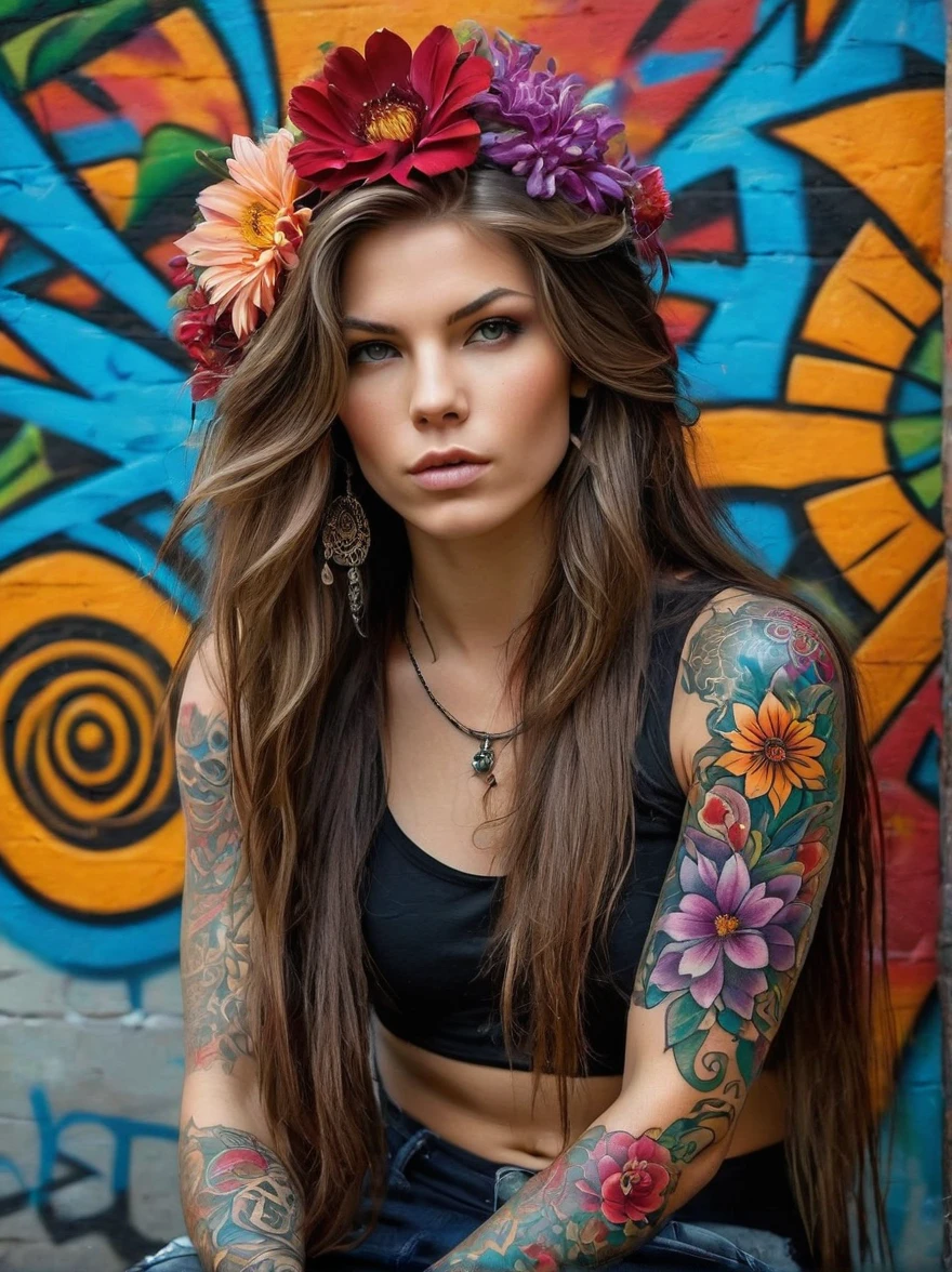 (Rebel European girl),Brightly colored tattoos on arms and legible raised finger:1.3),provocative gestures,long flowing hair,The arrogant expression is bold and bright must be surrounded by intricate,Detailed flowers and mandalas,anatomically correcte, texturized skin, In front of a graffiti style background,Add whimsy to the scene, To enhance the sharpness and modernity of the scene,Sharp lines,Bold stroke numbers