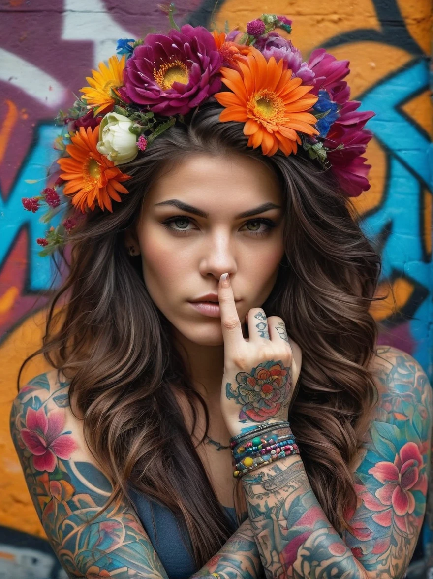 (Rebel European girl)，Brightly colored tattoos on arms and legible raised finger:1.3)，provocative gestures，long flowing hair，The arrogant expression is bold and bright must be surrounded by intricate，Detailed flowers and mandalas，anatomically correcte, texturized skin, In front of a graffiti style background，Add whimsy to the scene, To enhance the sharpness and modernity of the scene，Sharp lines，Bold stroke numbers