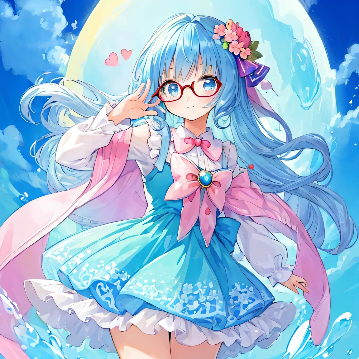 ((masterpiece)), ((best quality)), (ultra-detailed), ((kawaii)), cute, (lovely), illustration, anime style, Cute Mystery Creatures, solo, 1Mystery Creatures, (glasses), Mysterious appearance, Clear blue sky background.