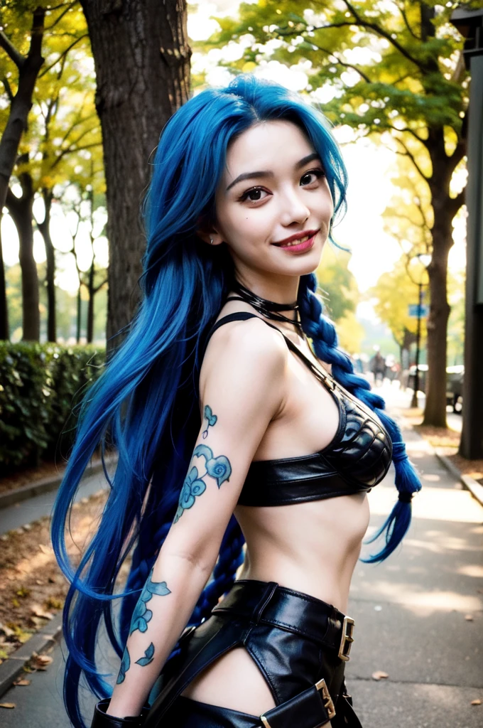 selfie 8k, Best Quality, Masterpiece, realist, ultra detail, foto realist, hiperrealist, Smoother Lighting, Increase cinematic lighting quality, realistic illumination, Backlight, bright light, increase quality, la Best Quality piel de textura real, ultra textures, outdoors walking, sun, trees, Grass, central park, autumn, hojas que caen de los trees, beautiful landscape, jinx looking at the scenery, jinx admiring the landscape, happy expression, breath pure air, Beautiful face, beautiful face, (((SMILE))), hermosa SMILE, (( gran SMILE)), mouth slightly open, beautiful details blue eyes, a young female jinx with blue hair,  body, Arcane Jinx, Arcane Jinx, jinx cloud tattoos, Jinx de League of Legends, real photo style, Hiperrealist, hiperrealist, UHDR, extreme res, Maximum resunution, SMILE picara y , SMILE sacando levemente la lengua, SMILE hermosa, , big , SMILE marcada, super defined face, ojos bien detallados y realists tetas, armpits, Toned body, well-defined hands and fingers
