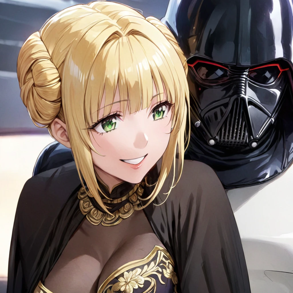 ((Highest quality)), ((masterpiece)), (detailed), （Perfect Face）、The woman is a Stormtrooper named Tiare, with green eyes, blonde medium-length hair, and a Princess Leia hairstyle. She is wearing a luxurious Princess Leia costume of black with gold embroidery and trim, and a luxurious black cloak.、The woman is hugging Darth Vader and smiling fondly at him.