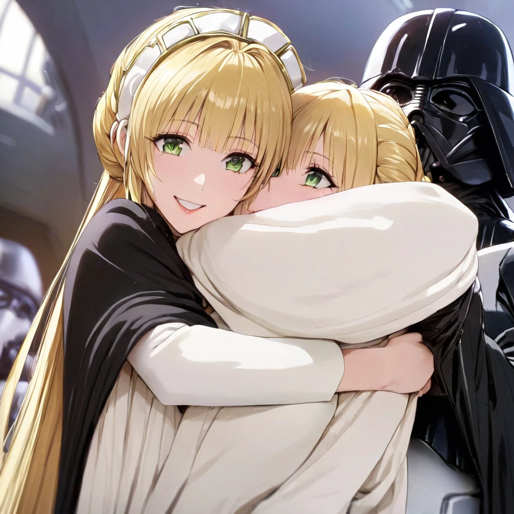 ((Highest quality)), ((masterpiece)), (detailed), （Perfect Face）、The woman is a Stormtrooper named Tiare, with green eyes, blonde medium-length hair, and a Princess Leia hairstyle. She is wearing a luxurious Princess Leia costume of black with gold embroidery and trim, and a luxurious black cloak.、The woman is hugging Darth Vader and smiling fondly at him.