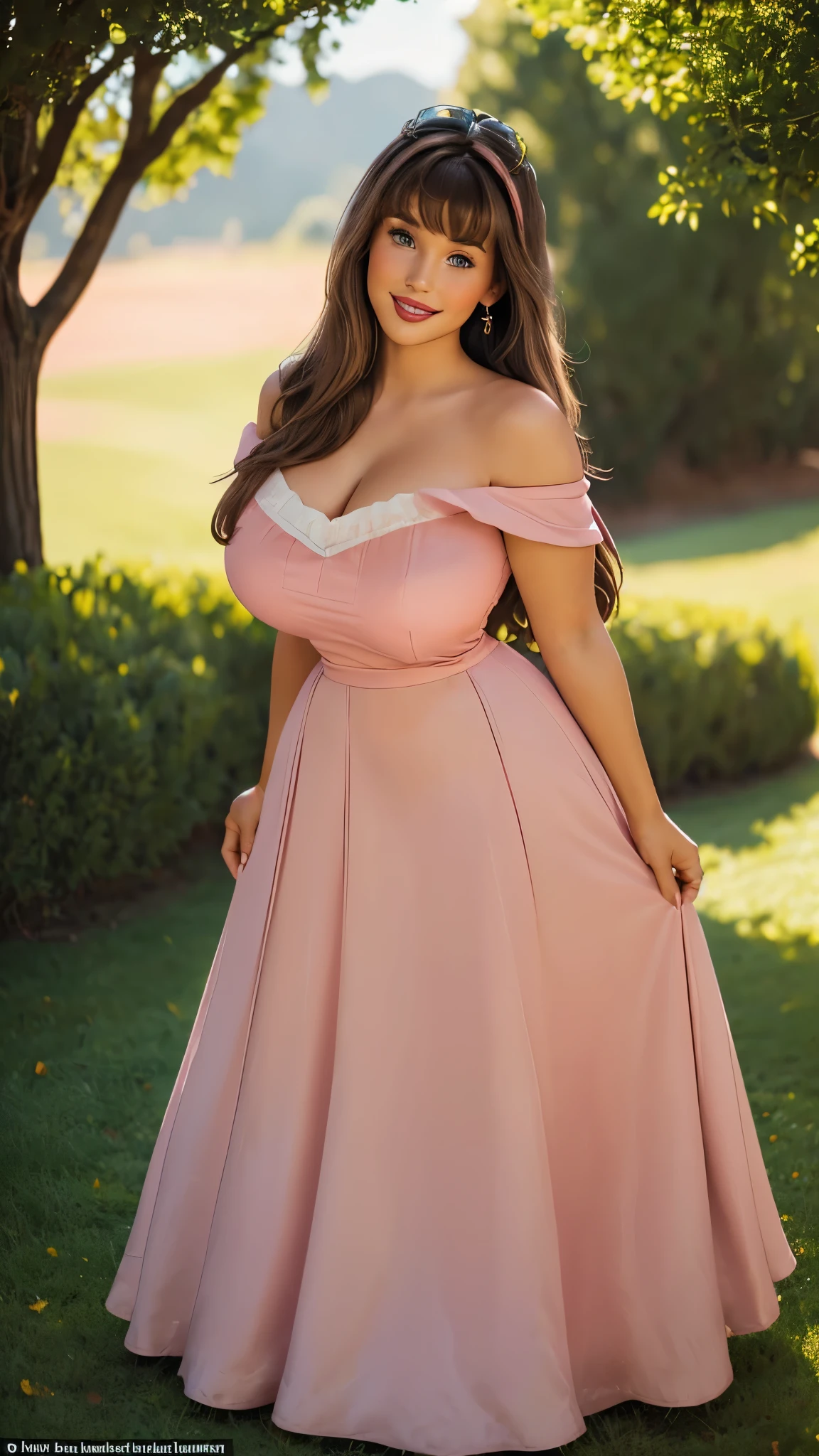 DisneyAurora, 27 years old, full body view Beautiful woman (((shoulder length light brown brown hair, two side up with bangs))) defined body, voluptuous, sexy, cherry red lipstick, arms by her sides, hands free, happily smiling, standing facing camera ((( pink dress, long skirt ))), in moonlit grassy field, (large_breasts:1.1) (curvy:1.0)