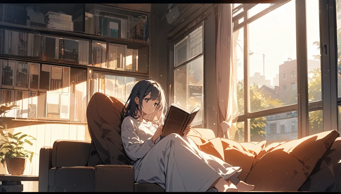 Girl sitting on sofa reading a book,In front of a large window,Morning sunlight,Streetscape、listen to music、