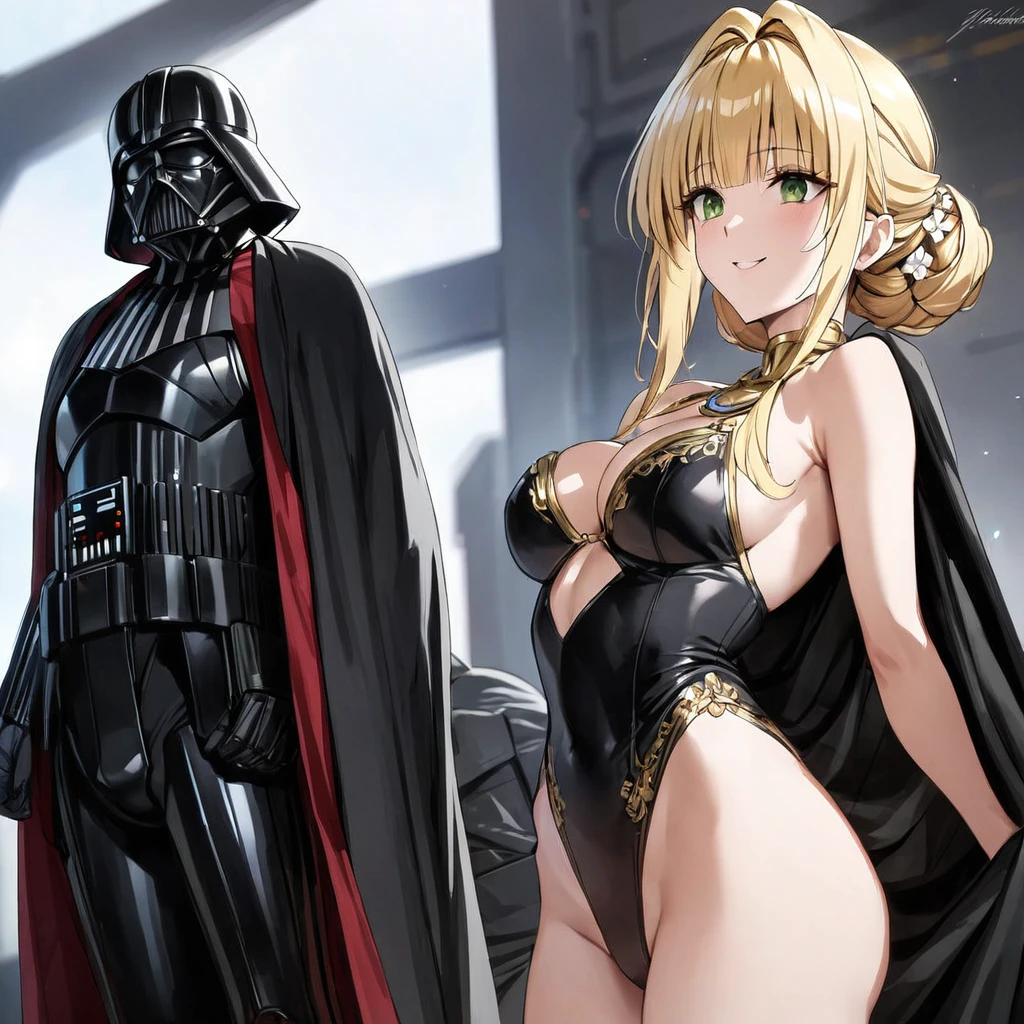 ((Highest quality)), ((masterpiece)), (detailed), (Perfect Face)、The woman is a Stormtrooper named Tiare, with green eyes, blonde medium-length hair, and a Princess Leia hairstyle. She is wearing a gorgeous black leotard suit with gold embroidery and trim, and a gorgeous black cape.、The woman is standing next to Darth Vader and smiling sweetly at him.