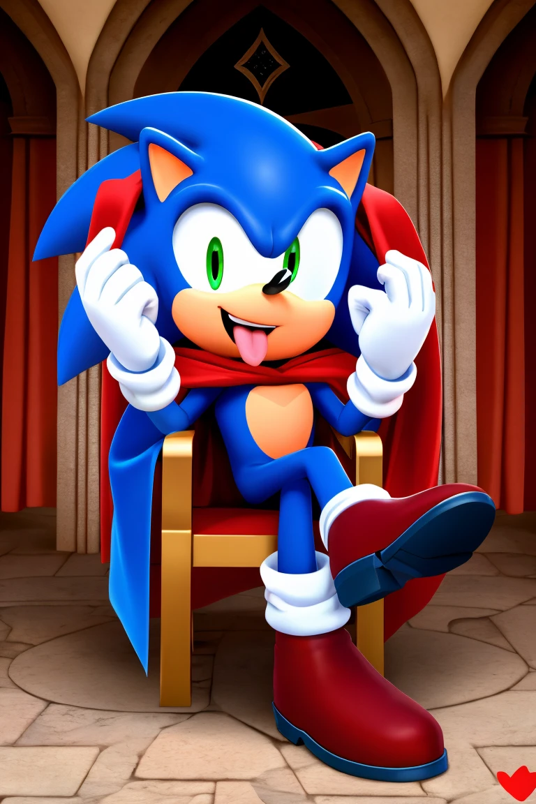 Sonic the Hedgehog, one man, blue all over, tongue sticking out, jittery eyes, smiling slightly, wearing black tracking boots, heart, in a castle, wearing a cape, sitting in a chair.