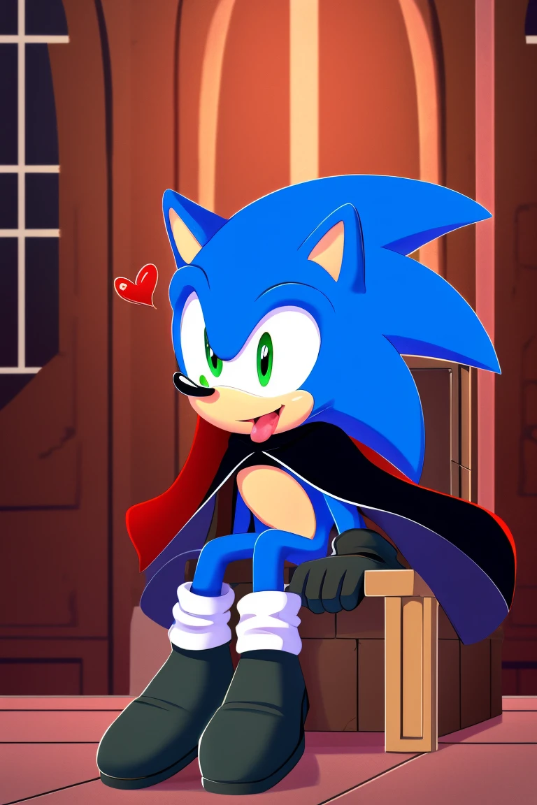 Sonic the Hedgehog, one man, blue all over, tongue sticking out, jittery eyes, smiling slightly, wearing black tracking boots, heart, in a castle, wearing a cape, sitting in a chair.