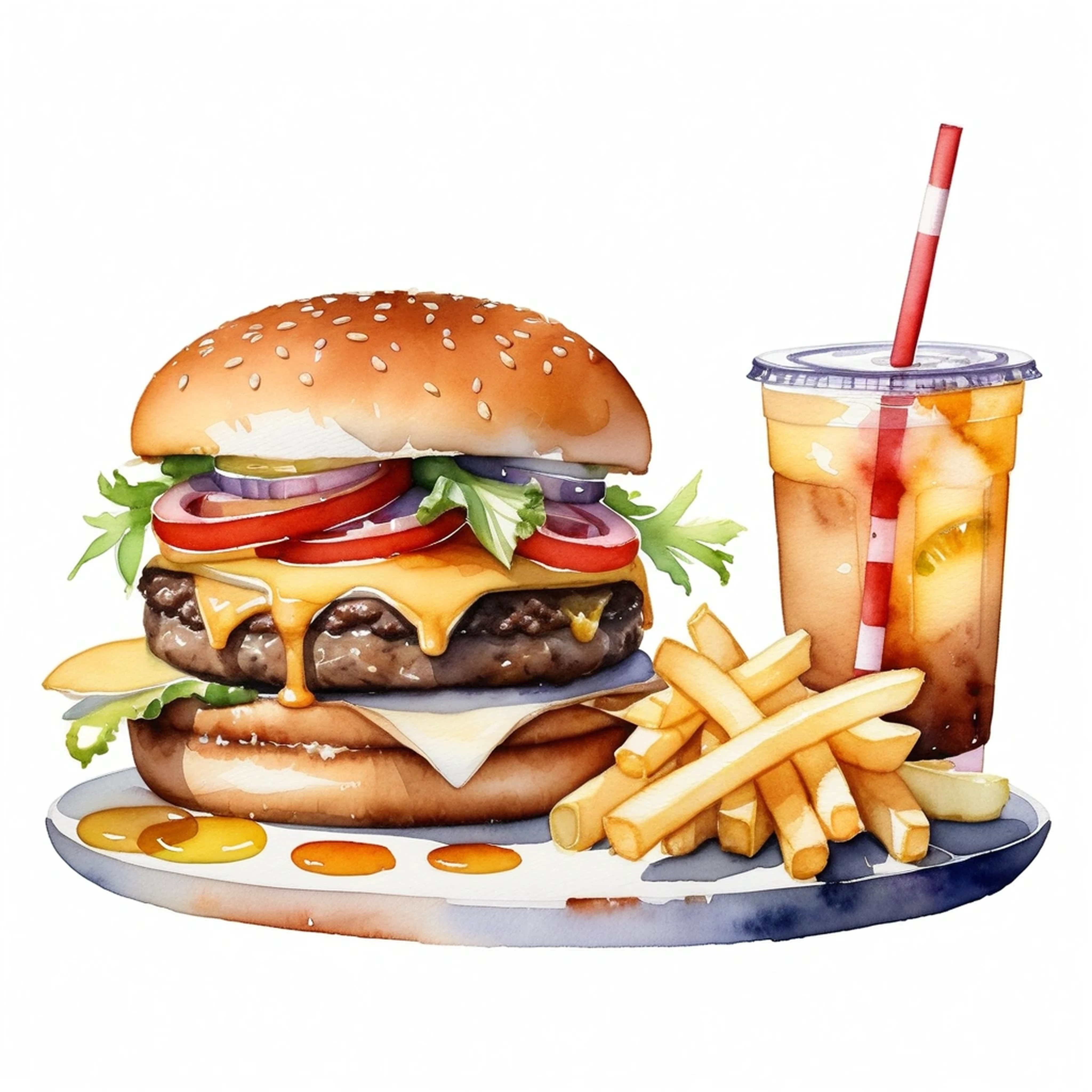 there is big and tall delicious hamburger with cheese, a lot of french fries, and one regular size glass of ice lemon tea with a straw, (watercolor), illustration, isolated with solid white background, surrounded with negative space, centered compositon, 8k, highly detailed painting, very precise painting