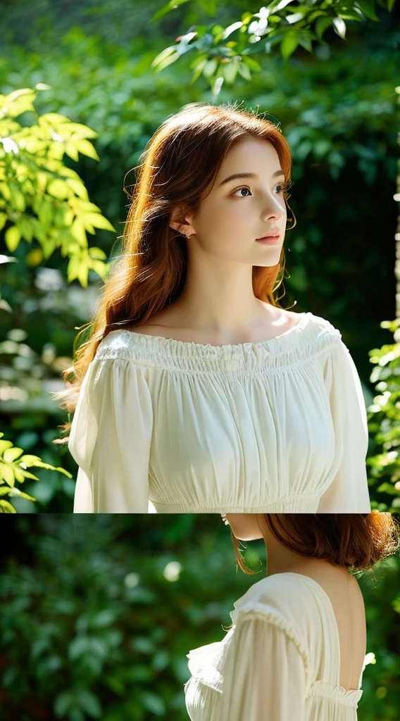 An eerily lifelike, beautiful young woman standing in a serene garden setting. Her porcelain skin and flowing auburn hair seem to glow in the soft, dappled sunlight filtering through the leaves of the surrounding trees. She is dressed in a flowing, white dress that clings to her body, emphasizing her graceful curves, and the fabric shimmers with an ethereal quality as if it were made of spun moonlight. Her piercing blue eyes, which appear to hold the secrets of the universe, gaze off into the distance, hinting at a profound depth of thought or perhaps a touch of melancholy. The garden is meticulously maintained, with vibrant flowers in full bloom creating a kaleidoscope of colors that contrast with the rich greens of the foliage. The scene is so vivid and realistic that it's hard to discern whether she is a real person or a masterfully crafted statue come to life. The play of light and shadow across her form adds to the illusion, making her appear almost translucent in places. Her delicate features and the way she holds herself, poised yet relaxed, speak to an otherworldly beauty that seems too perfect to be human. Despite the serenity of the scene, there is an underlying tension as if she is on the cusp of revealing something profound or making a significant decision that will alter the very fabric of reality. The viewer is left to wonder if she is a figment of imagination, a spirit manifesting in the mortal realm, or simply a young woman lost in thought, with a beauty so captivating it transcends the ordinary.