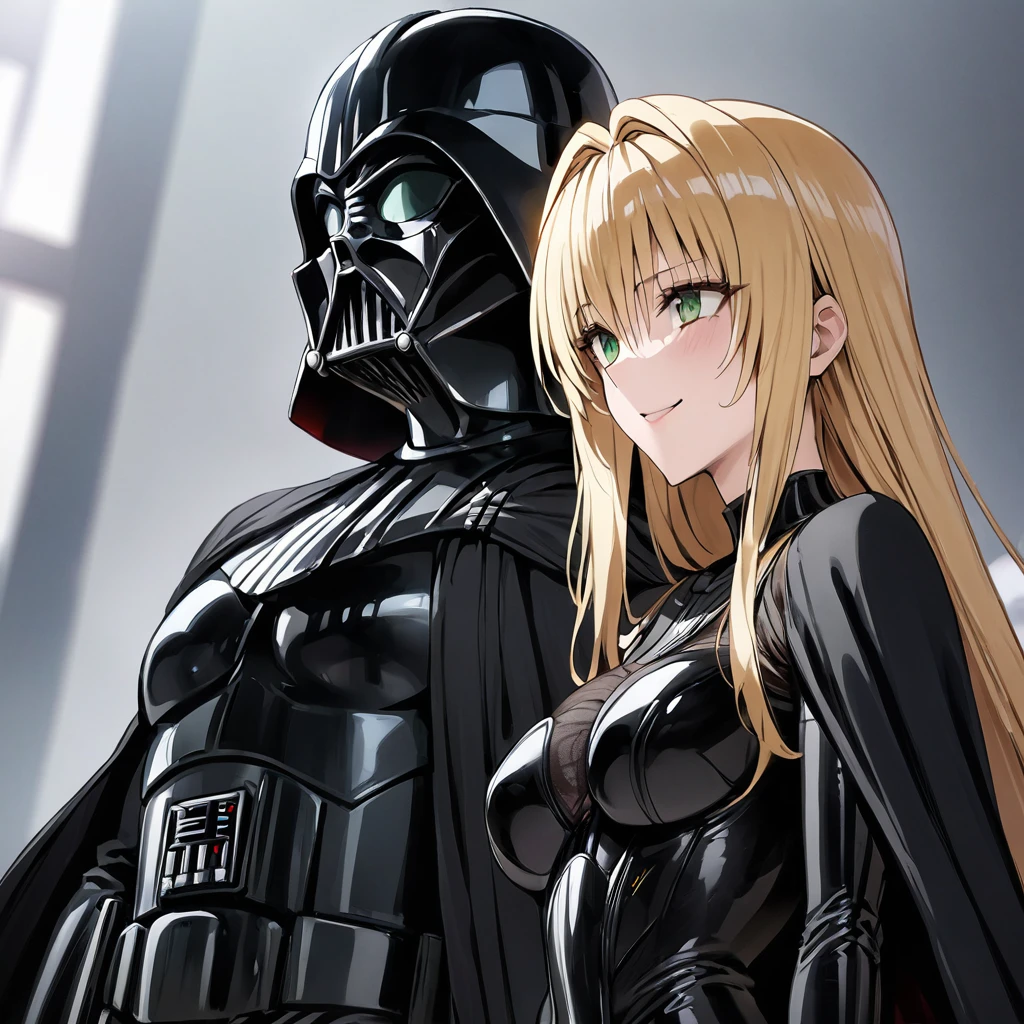 ((Highest quality)), ((masterpiece)), (detailed), (Perfect Face)、The woman is the Sith Lord Tearju, with green eyes and blonde medium-long hair, a female version of Darth Vader, wearing the same bodysuit and protector as Darth Vader, a full-face helmet as Darth Vader, and a black cloak.、The woman is standing next to Darth Vader and smiling sweetly at him.