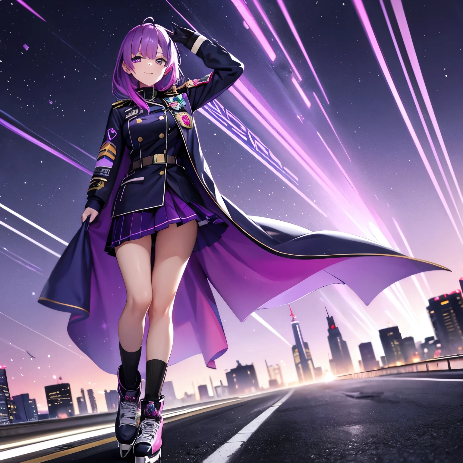 1 woman. Purple, blue, and pink galaxy hair. Smiling. One yellow star eye. Galaxy styled open Long coat with a military emblem. She is wearing a skirt. She is skating on a lonely city road at night. Psycho dream. Starlight road.