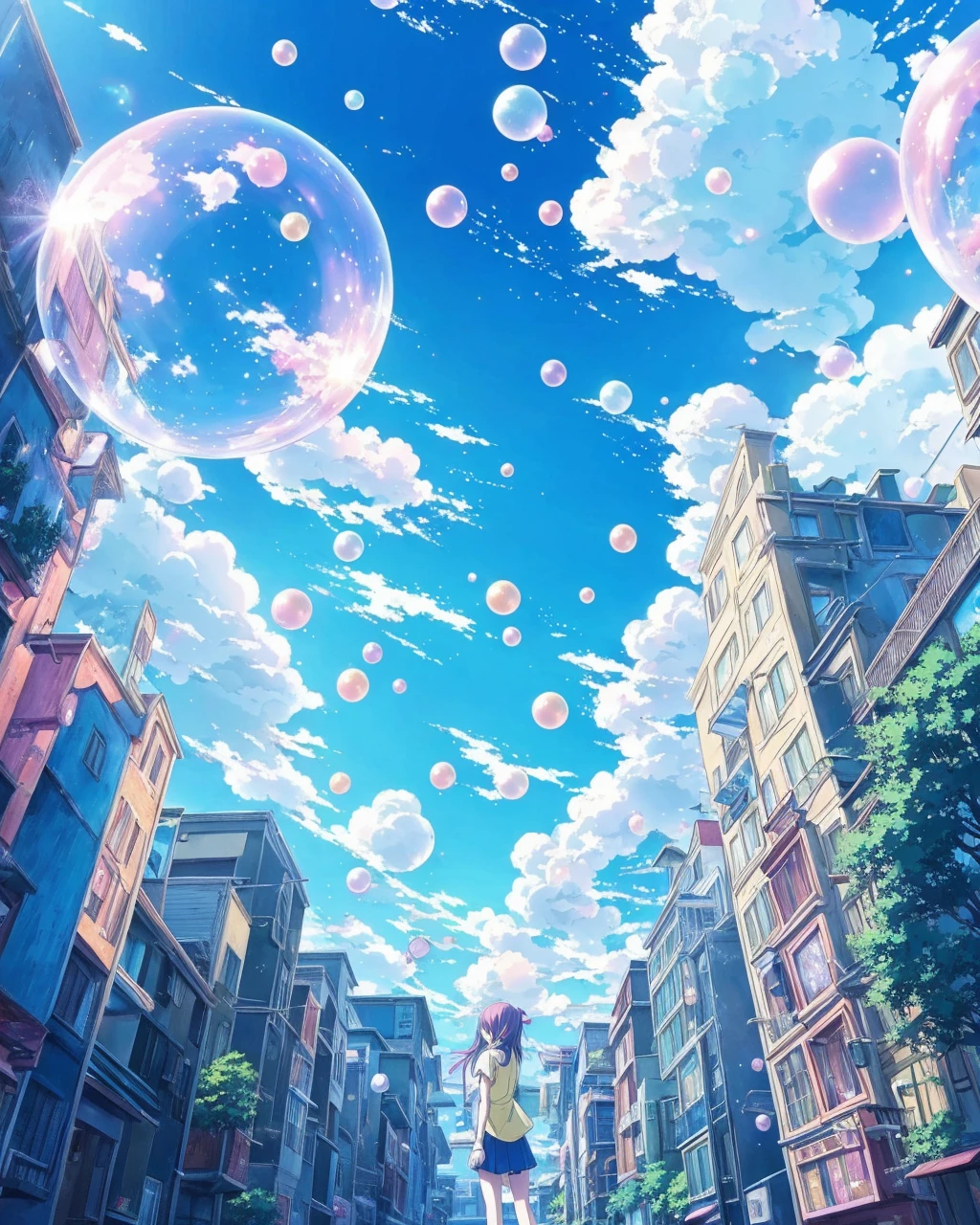 anime anime girl looking up at bubbles floating in the sky, bubbly scenery, anime background, anime background art, colorful anime movie background, anime wallpaper 4 k, anime wallpaper 4k, anime art wallpaper 4 k, anime art wallpaper 4k, beautiful anime scene, anime art wallpaper 8 k, 4 k manga wallpaper, 4k anime wallpaper, beautiful anime scenery